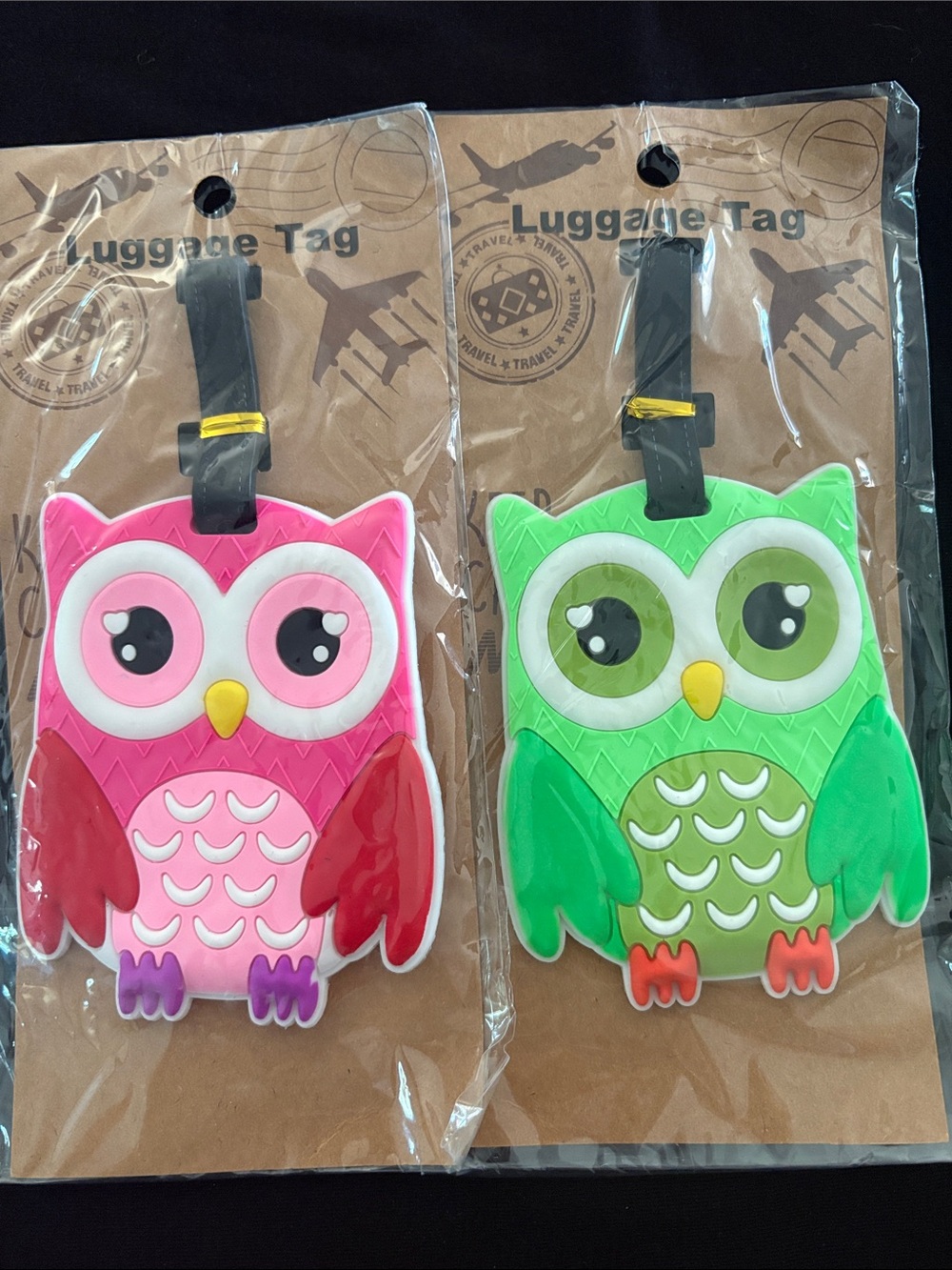 Silicone Green And Pink Owl Luggage Tag Holder Set Of 2